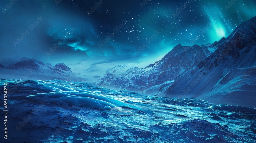 Fototapeta premium Blue glaciers and aurora borealis create otherworldly landscape