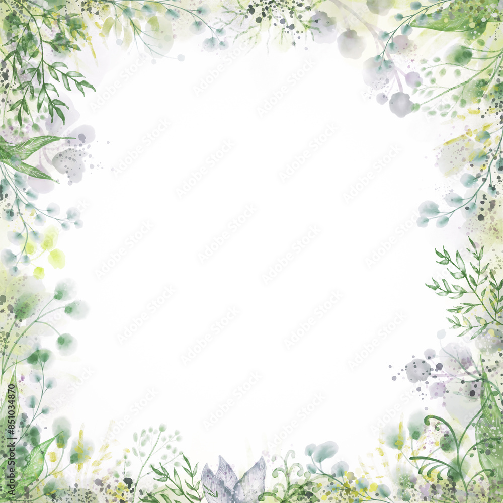Frame with leaves and other botanical elements painted with watercolors Frame with leaves and other botanical elements painted with watercolors