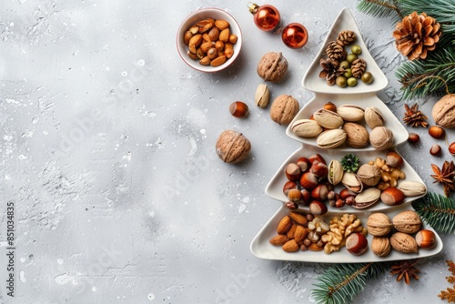 Christmas Nuts. Festive Greeting Card with Assorted Nuts on Fir Tree-Shaped Plate