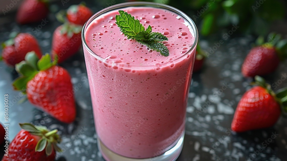 A smoothie bowl with a green leaf garnish, served beside a cluster of strawberries A smoothie bowl with a green leaf garnish, served beside a cluster of strawberries
