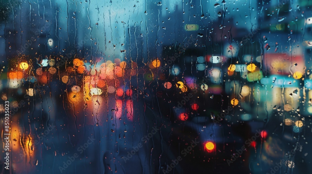 Obraz premium Moody raindrops with city reflections surreal