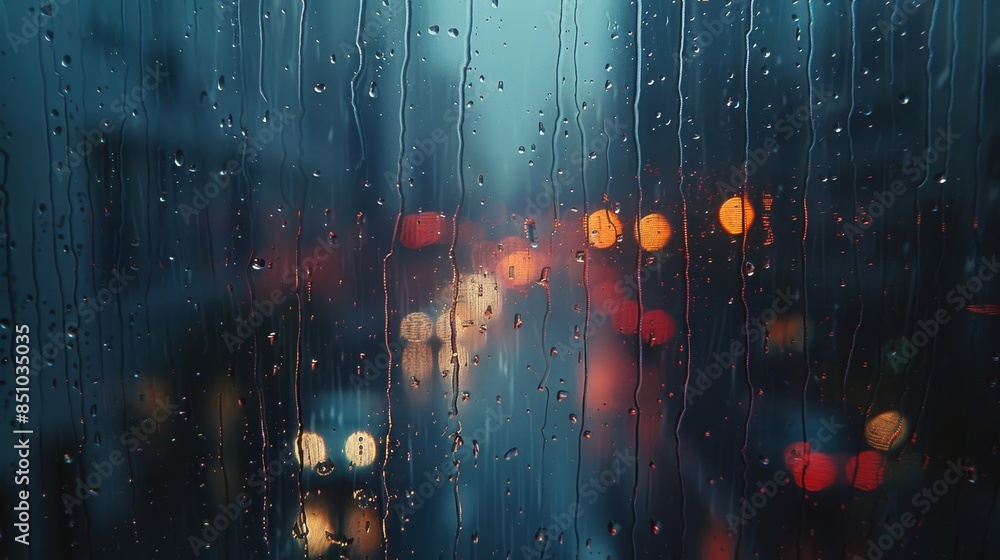 Obraz premium City light reflections on raindrop-covered window