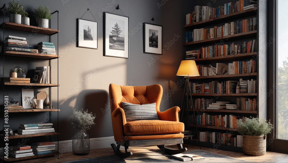 A cozy reading nook with a rocking chair and shelves of worn books, offering a rustic retreat for book lovers, Generative AI A cozy reading nook with a rocking chair and shelves of worn books, offering a rustic retreat for book lovers, Generative AI