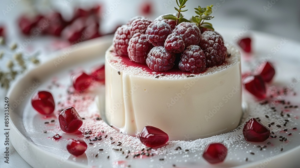A white plate holds a raspberry-covered cake and a green sprig A white plate holds a raspberry-covered cake and a green sprig