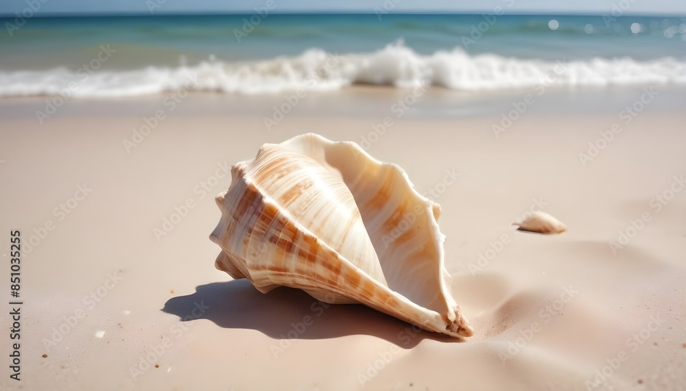 Sea shell on the sea coast, beach. Summer background for banner. Vacation and travel Sea shell on the sea coast, beach. Summer background for banner. Vacation and travel
