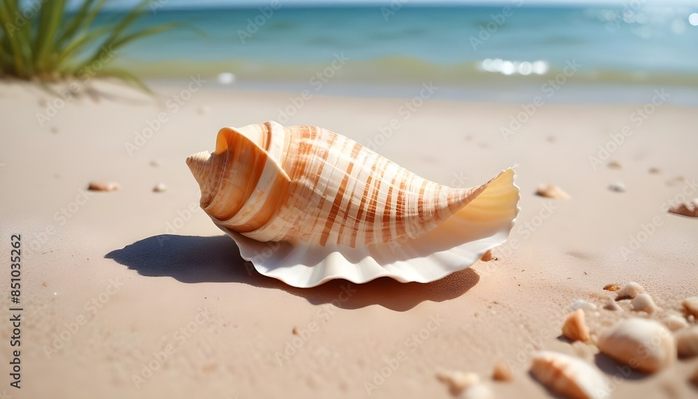 Sea shell on the sea coast, beach. Summer background for banner. Vacation and travel