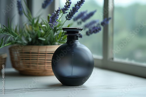 A black matte bottle of perfume sprayer and flowers. Summer fragrances choice concept.
