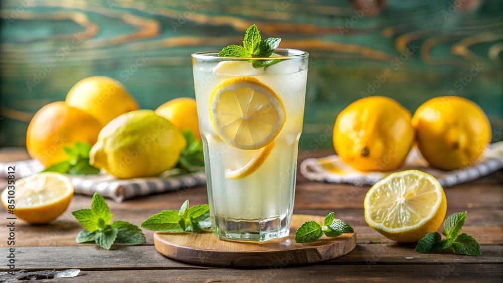 Fototapeta premium Summer refreshing lemonade drink or alcoholic cocktail with ice and lemon slices. Fresh healthy cold lemon beverage. Water with lemon.