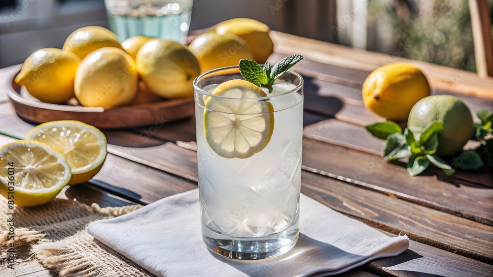 Fototapeta premium Summer refreshing lemonade drink or alcoholic cocktail with ice and lemon slices. Fresh healthy cold lemon beverage. Water with lemon.
