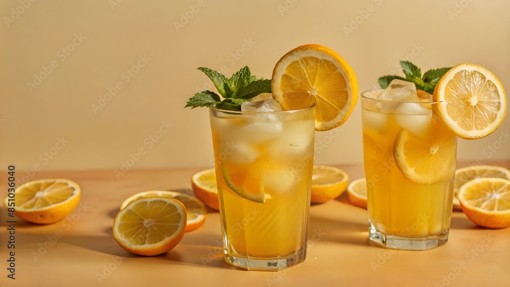 Fototapeta premium Summer refreshing lemonade drink or alcoholic cocktail with ice and lemon slices. Fresh healthy cold lemon beverage. Water with lemon.
