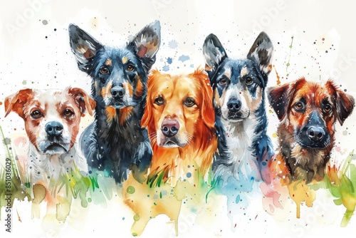 Vibrant watercolor painting of five different dog breeds, each with unique expressions and colorful backgrounds.