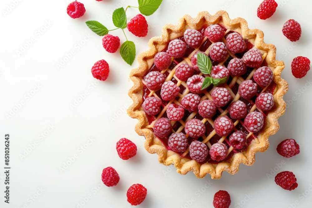 Pie Top View. Fresh Raspberry Tart with Berries on White Background Pie Top View. Fresh Raspberry Tart with Berries on White Background