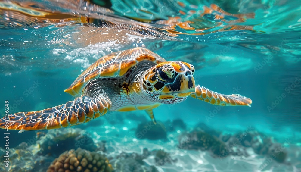 Fototapeta premium Vibrant sea turtle swimming underwater in a clear, tropical reef. Beautifully captured marine life with vivid colors and serene atmosphere.