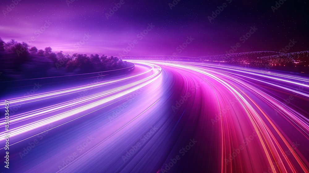A photo of a highway at night, with light trails on the pavement and trees lining the edges, taken using long exposure A photo of a highway at night, with light trails on the pavement and trees lining the edges, taken using long exposure