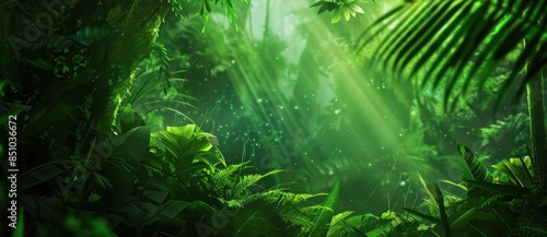 green forest with towering trees and rays of sunlight filtering through the leaves, generative AI