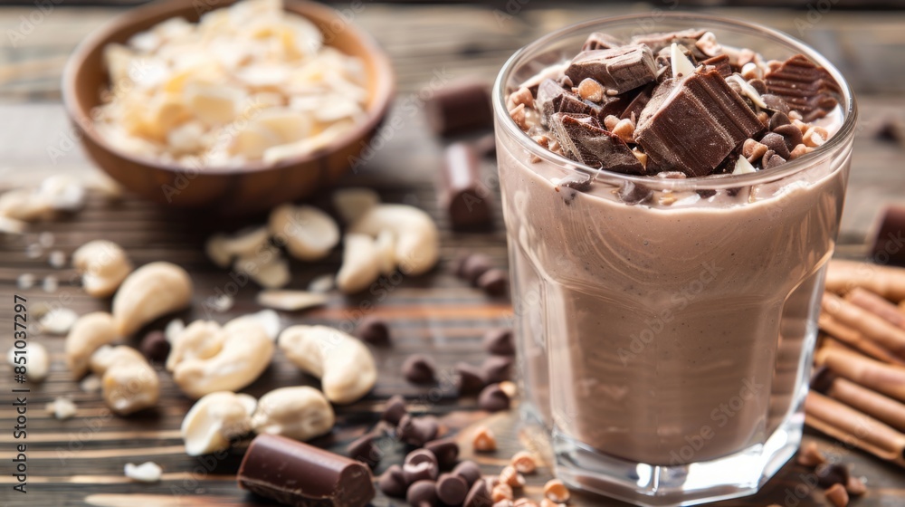A close-up of a chocolate smoothie topped with chocolate pieces, cashews, and cinnamon sticks. A close-up of a chocolate smoothie topped with chocolate pieces, cashews, and cinnamon sticks.