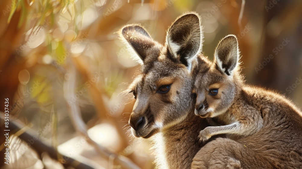 Fototapeta premium Kangaroo Pouch: Australian Mother Kangaroo with Adorable Baby in Close-up Shot