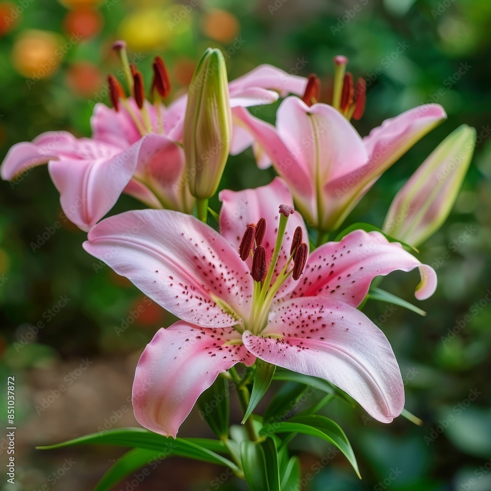 Asiatic beautiful garden pink lily on natural green background Asiatic beautiful garden pink lily on natural green background