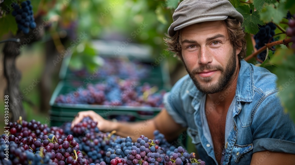 Fototapeta premium Handsome Young Man Working As Winemaker In His Vineyard During Harvest Season