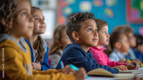 Curious first-grade students attentively listening to a lesson while seated at their desks in a colorful and engaging classroom environment