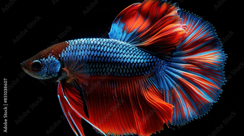 A Siamese fish in close-up, red and blue, with black background and reflection A Siamese fish in close-up, red and blue, with black background and reflection