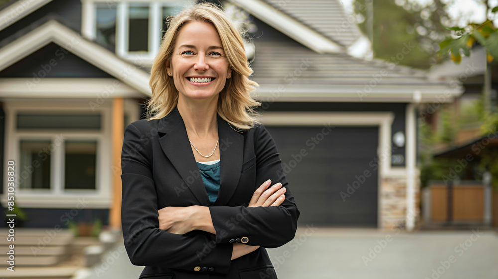 Realtor is smiling outside of a house for sale Realtor is smiling outside of a house for sale