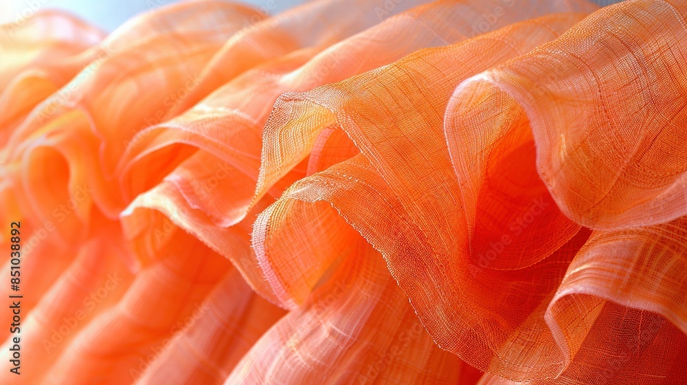 A row of orange sheer curtains with a blue sky behind them is a blue sky in the background A row of orange sheer curtains with a blue sky behind them is a blue sky in the background