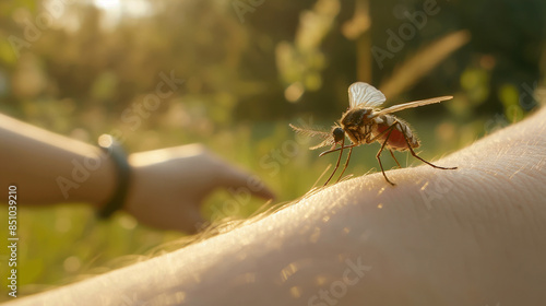 Mosquito flying near a person's arm with a visible red bite, highlighting the interaction between the insect and human skin photo