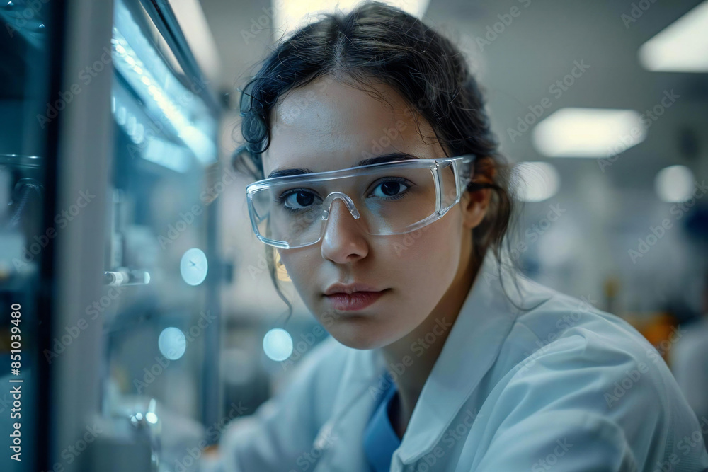 A Female Medical Engineer Using Technology to Control Machines in a Modern Pharmaceutical Manufacturing Factory A Female Medical Engineer Using Technology to Control Machines in a Modern Pharmaceutical Manufacturing Factory