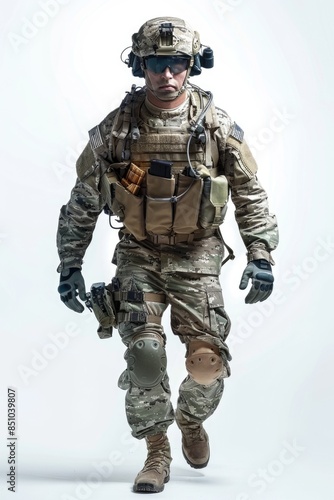 Soldier White Background. US Army Ranger in Combat Uniform Moving Towards Camera © Serhii