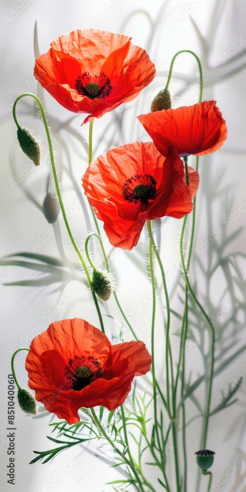 Obraz premium White Poppies. Beautiful Bouquet of Red Poppy Flowers in Close-up Arrangement