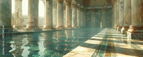 Serene indoor Roman bath with marble columns reflecting in a tranquil pool, capturing a sense of timeless luxury and relaxation.