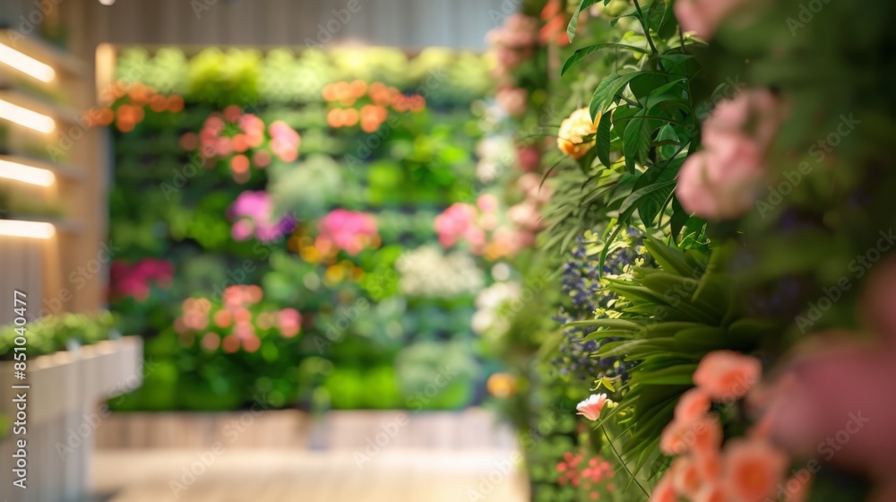 Close-up of colorful artificial flower wall display in a store, with vibrant flowers and greenery. Background store is blurred to highlight the display. Close-up of colorful artificial flower wall display in a store, with vibrant flowers and greenery. Background store is blurred to highlight the display.