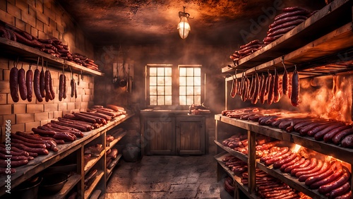 traditional food smoked sausages smokehouse sausage meat smoke house dried tradition delicious diet smoky beef hanging fat prepared larder calorie epicure pork pantry cookery store domestic spicey