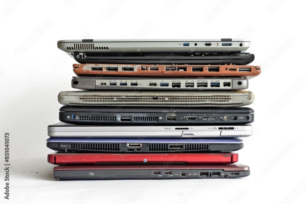 Stack of Computers. Group of Old Laptop Notebooks Piled Together on White Background Stack of Computers. Group of Old Laptop Notebooks Piled Together on White Background