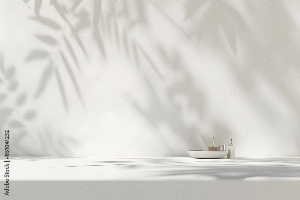 3D Empty modern, minimal counter, table top in dappled sunlight and foliage leaf shadow on white wall in background for luxury beauty, cosmetic product display backdrop 3D Empty modern, minimal counter, table top in dappled sunlight and foliage leaf shadow on white wall in background for luxury beauty, cosmetic product display backdrop