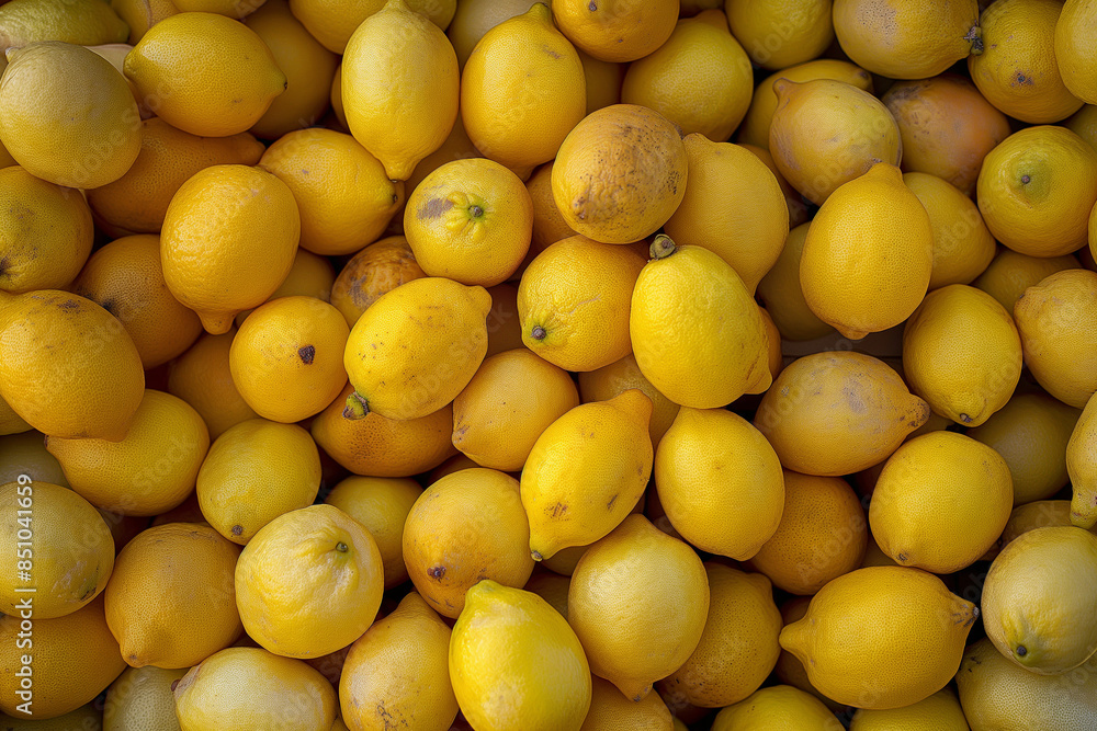 A pile of fresh yellow lemons with natural imperfections, highlighting their varied textures and vibrant color A pile of fresh yellow lemons with natural imperfections, highlighting their varied textures and vibrant color