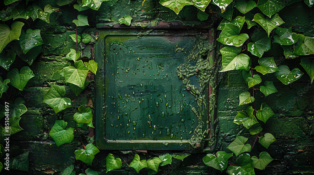 Green sign on green wall with plants and brick Green sign on green wall with plants and brick