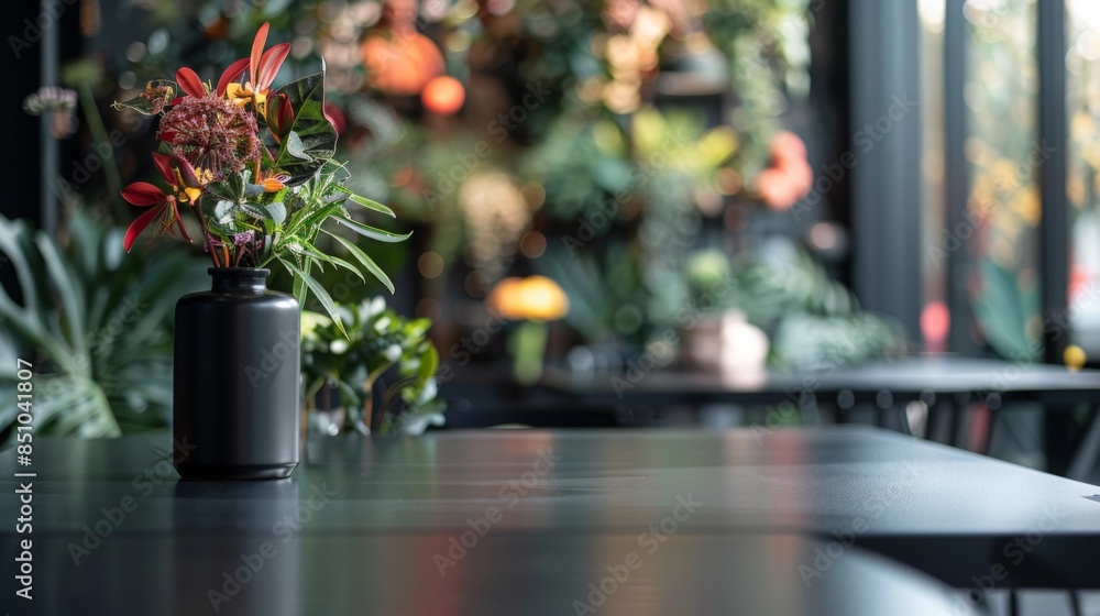 Fototapeta premium A vase of red flowers sits on a black table in a cafe or restaurant setting. The vase is black and the flowers are red and green. The background is blurry and shows greenery and other tables.