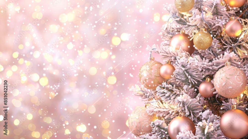 White christmas tree decorated with pink and gold ornaments sparkling on pink background White christmas tree decorated with pink and gold ornaments sparkling on pink background