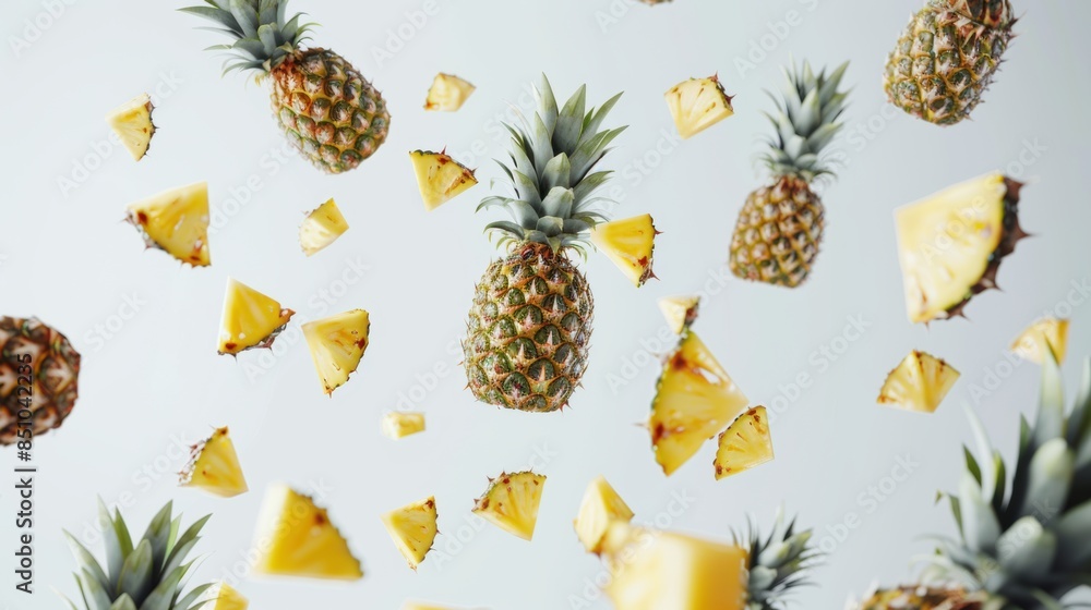 Creative pineapple concept, falling pineapple with pineapple pieces. Creative pineapple concept, falling pineapple with pineapple pieces.