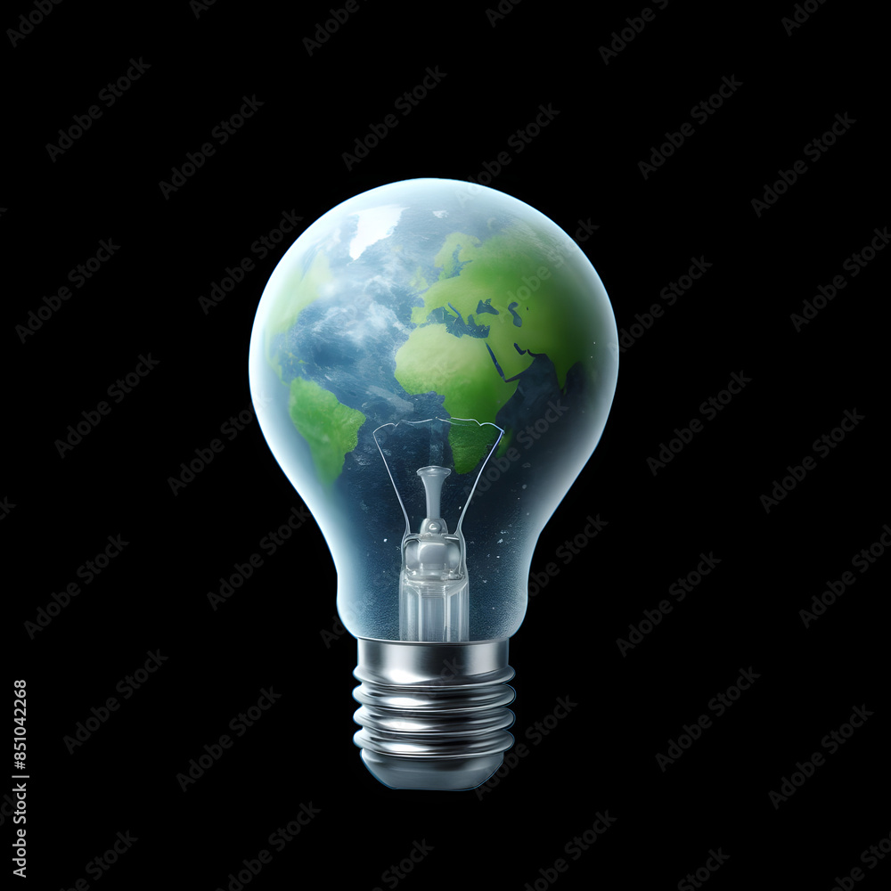 Innovative Eco-Friendly Energy Concept with Earth Lightbulb on Dark Background Innovative Eco-Friendly Energy Concept with Earth Lightbulb on Dark Background