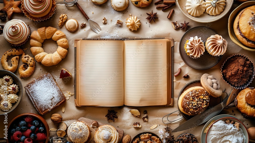 Pastry style border design with an open recipe book placed in the center with blank pages to place text Pastry style border design with an open recipe book placed in the center with blank pages to place text