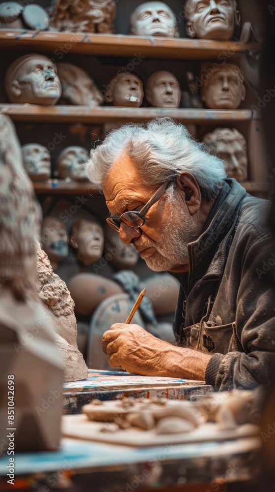 Artist sculpting in a workshop surrounded by clay heads and sculptures, focusing on detailed craftsmanship and artistic creation. Artist sculpting in a workshop surrounded by clay heads and sculptures, focusing on detailed craftsmanship and artistic creation.