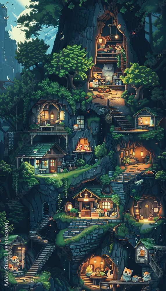 Fototapeta premium Enchanting treehouse village nestled within a serene forest, illuminated warmly at night, capturing a whimsical, cozy fairy tale atmosphere.