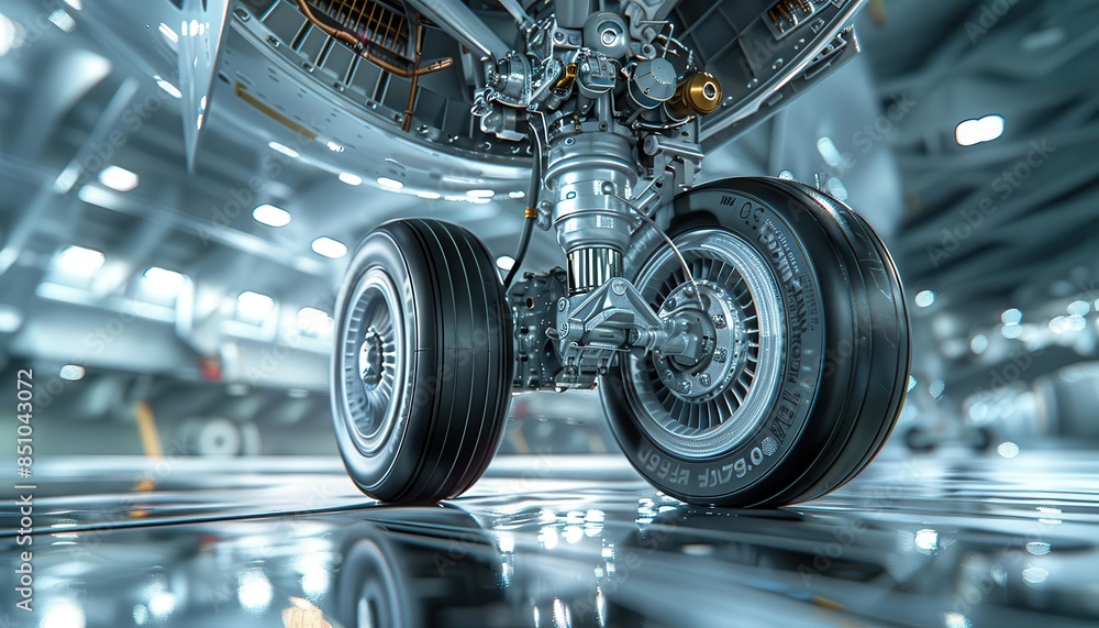 Fototapeta premium Close-up of aircraft landing gear in a bright, clean hangar. Detailed view of airplane wheels and mechanical parts.