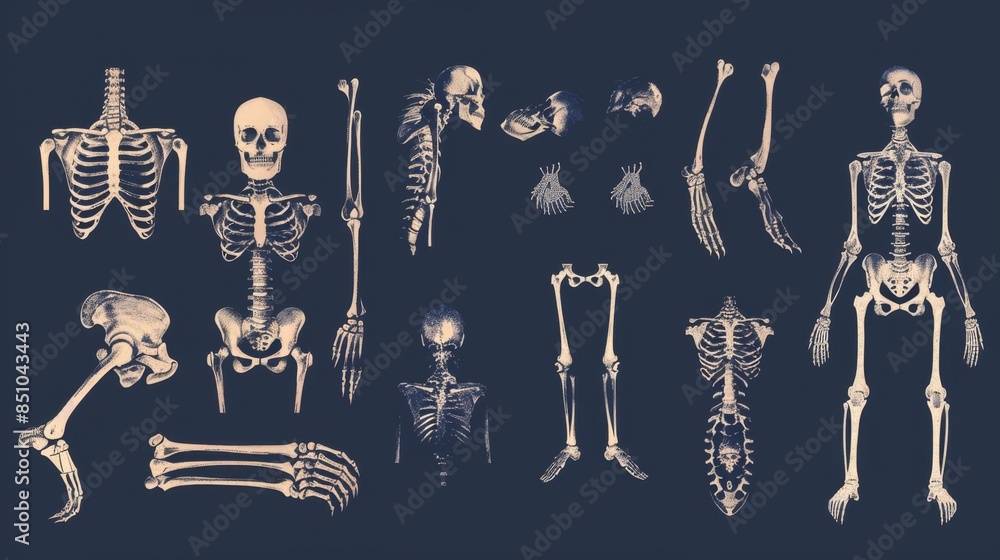 Images of human joints and bones in X-ray style. Elbow, knee, hip ...