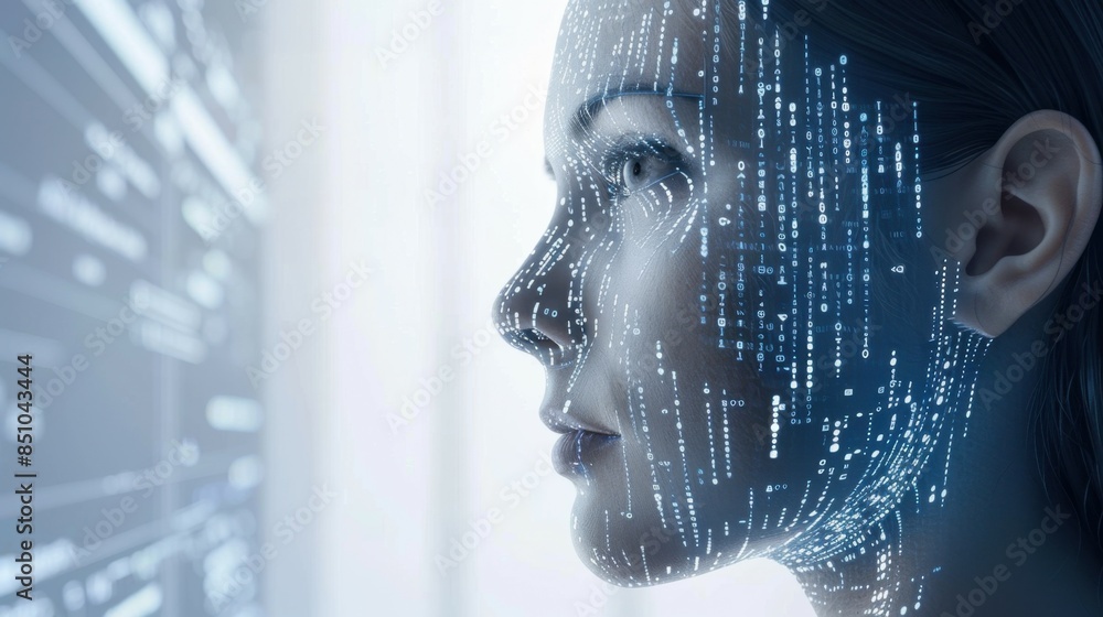 A side profile of a woman with digital code overlaying her face, creating a futuristic and technological ambiance. The background is softly blurred, focusing on her features. A side profile of a woman with digital code overlaying her face, creating a futuristic and technological ambiance. The background is softly blurred, focusing on her features.