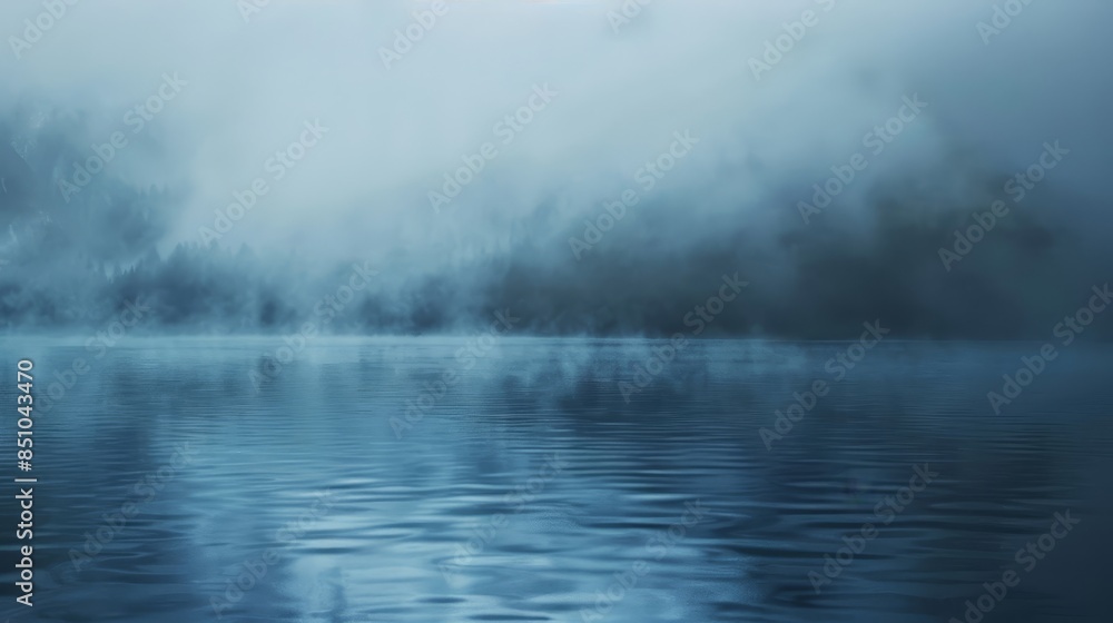 Dense fog over serene lake blue-gray ethereal ambiance Dense fog over serene lake blue-gray ethereal ambiance