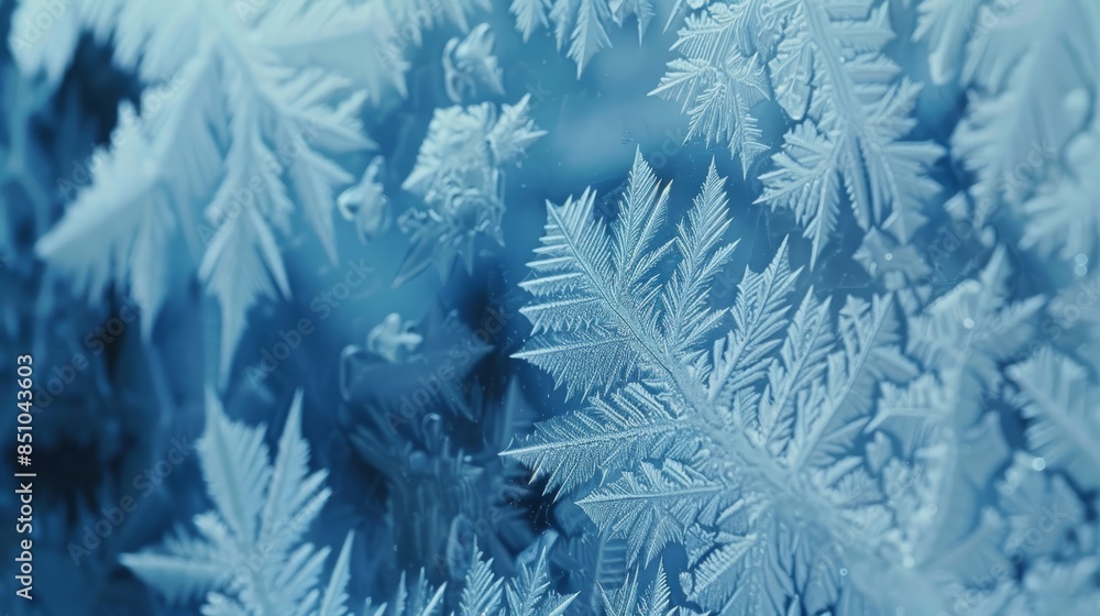 Frosted window with icy blue crystals intricate patterns Frosted window with icy blue crystals intricate patterns